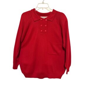 SEGUE Red Collared 6 Button Placket Pullover Sweater Sz M Vintage Shoulder Pad